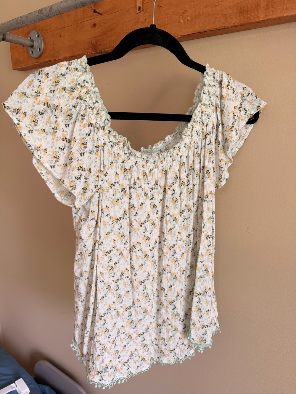 Belle Du Jour White Floral Peasant Blouse with Yellow & Green Accents